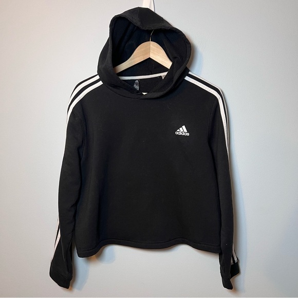 Adidas Cropped Hoodie Women’s XL Black 3 Stripe Sweatshirt Pullover Workout Gym - Picture 1 of 6